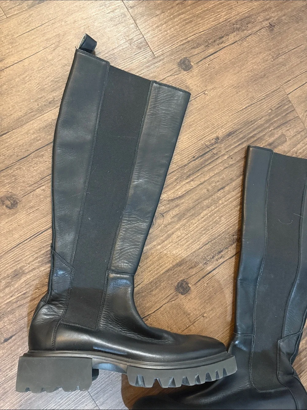 AllSaints' Maeva Women's Black Knee-High Genuine Leather Chunky Lug Sole Boots🔥